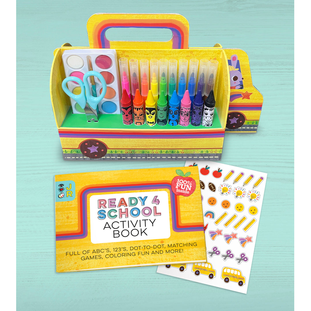 iHeartArt JR Ready for School Art Set, the carton themed art set in a bus shape with the activity book and stickers on a blue background.