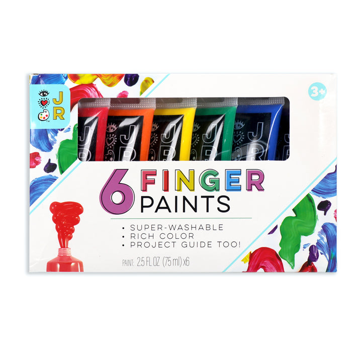 iHeartArt JR 6 Washable Fingerpaints – Safe, non-toxic finger paints for creative mess-free fun. Colors red, yellow, orange, blue, green and purple.