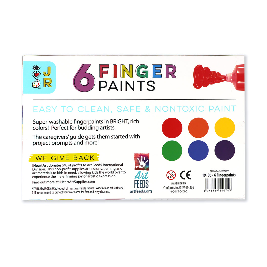 iHeartArt JR 6 Washable Fingerpaints – Safe, non-toxic finger paints for creative mess-free fun. Colors red, yellow, orange, blue, green and purple.  The backside of the box.