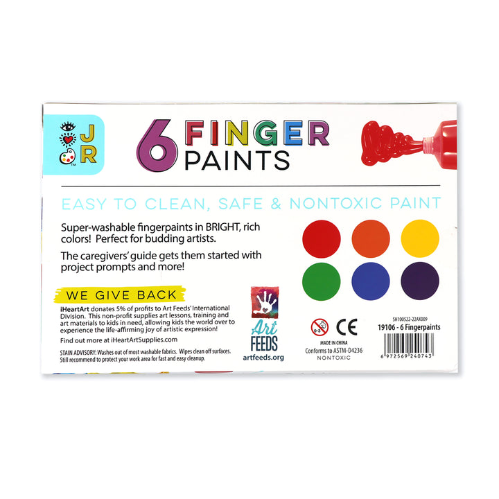 iHeartArt JR 6 Washable Fingerpaints – Safe, non-toxic finger paints for creative mess-free fun. Colors red, yellow, orange, blue, green and purple.  The backside of the box.