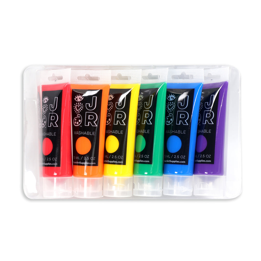 iHeartArt JR 6 Washable Fingerpaints – Safe, non-toxic finger paints for creative mess-free fun. Colors red, yellow, orange, blue, green and purple.