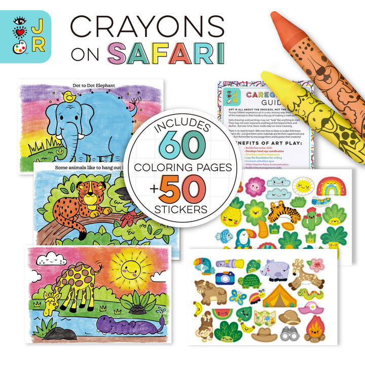 iHeartArt JR Crayons on Safari – Stickers and coloring pages on a white background. 